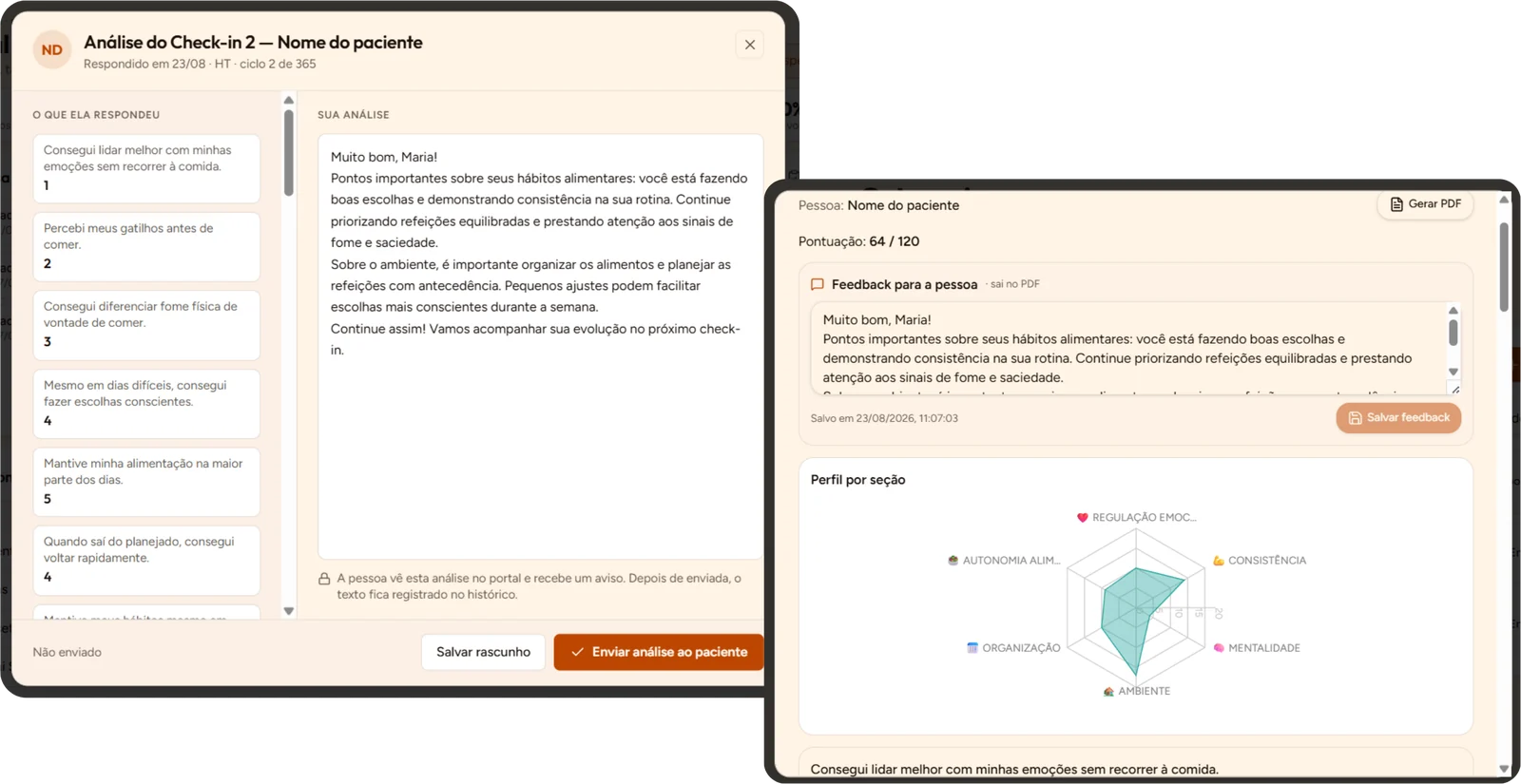 Análise de um check-in no Kosmia: respostas do paciente à esquerda, campo de devolutiva do profissional e gráfico de radar com a pontuação por seção