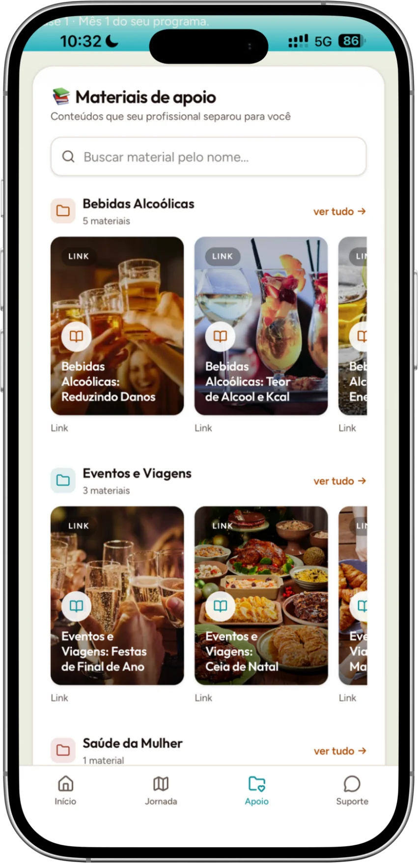Materiais de apoio no celular do paciente, organizados em pastas como Bebidas Alcoólicas, Eventos e Viagens e Saúde da Mulher