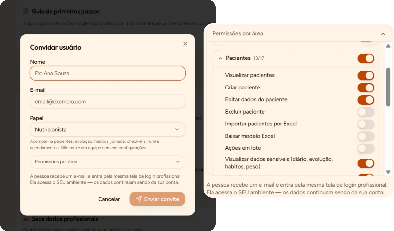 Convite de usuário para a equipe com escolha de papel e painel de permissões por área do sistema