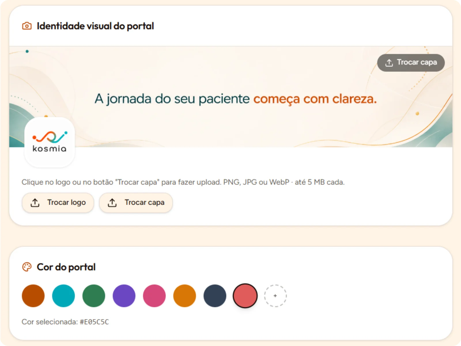 Tela de configuração da identidade visual do portal: upload de logo e capa e seletor da cor do portal