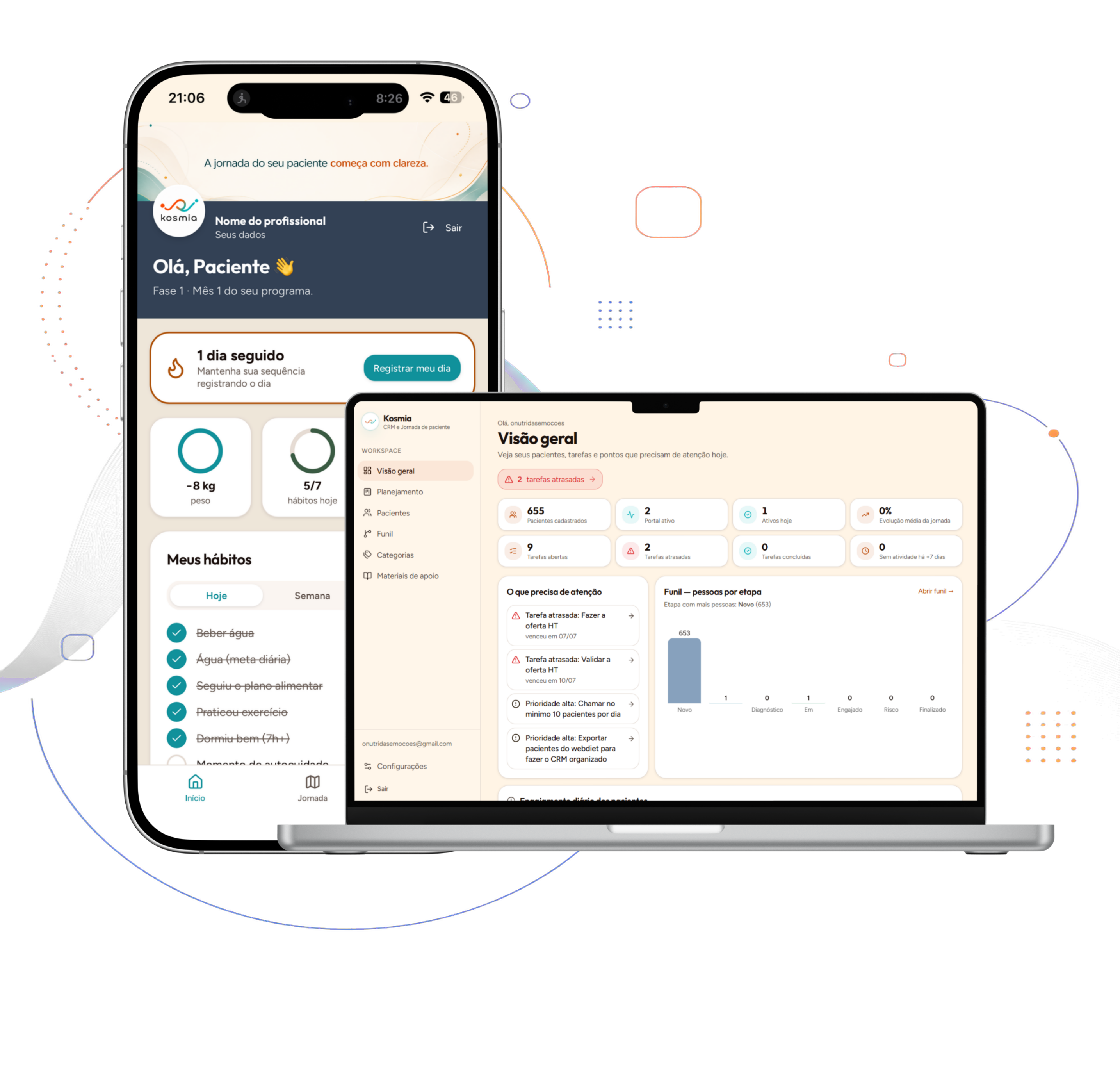 Kosmia no celular e no computador: portal do paciente e painel do profissional