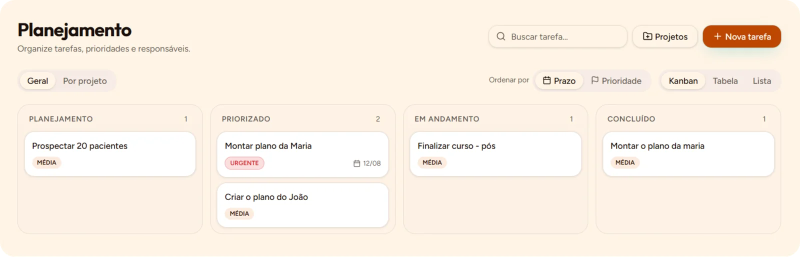 Quadro de planejamento do Kosmia em colunas: Planejamento, Priorizado, Em andamento e Concluído, com tarefas e prioridades